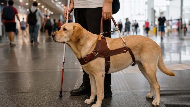 Guide dog and handler outside a Singapore transport interchange